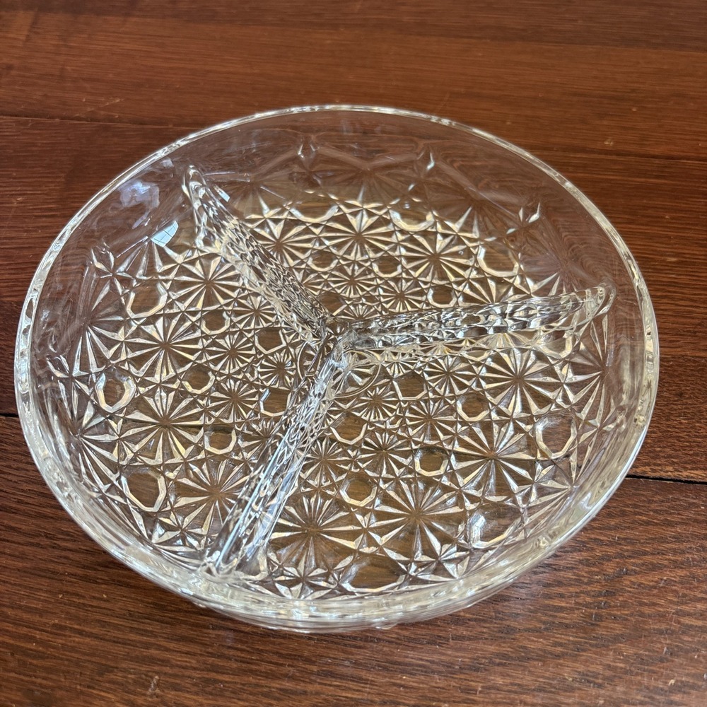 Luxhem De Veropa French Daisy & Button 3 Part Divided Cut Glass Relish Dish 7.5"